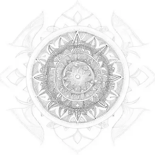An Intricate Mandala Design Incorporating Symbols Of Reiki And A Radiant Sun