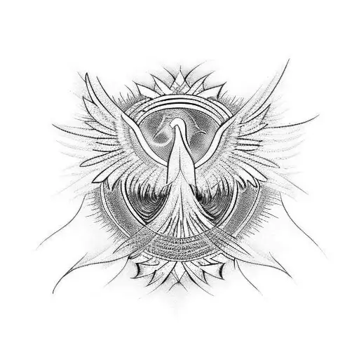 Phoenix And Tree Of Life With Falling Angel And A White Dove