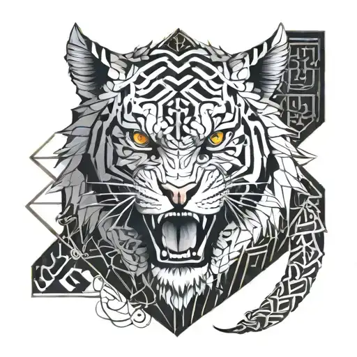 A Geometric Dragon Wrapping Around A Tiger In A Blackwork Style