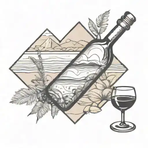 A Beach Scene With A Wine Bottle And Glass On The Sand