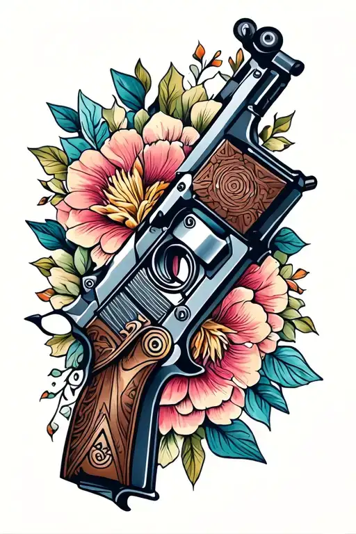 Western Style Gun Tattoo Featuring Florals