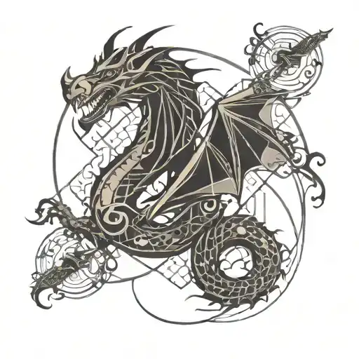 Dragon In Infinity Symbol Intertwined Chasing A Flock Of Birds