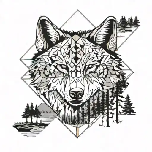 Nature Scene Featuring Wolf And Jackpine And River