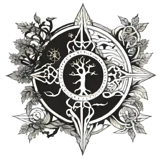 Tree Of Life Intertwined With A Compass And The Viking Symbol For Love