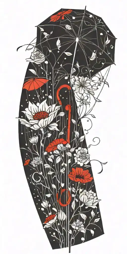 Stormy Weather Over A Red Umbrella Getting Rained On Flowers