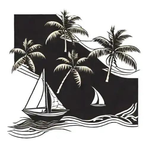 Coconut And Frangipani And Sailboat Sailing