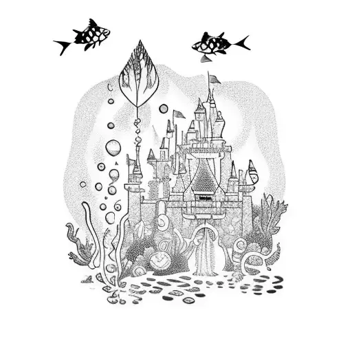A Dotwork Tattoo Of Disney Characters Gardening In An Underwater Garden