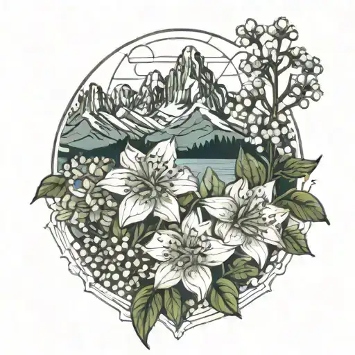 Grand Teton Mountain Range And Lily Of The Valley And Chrysanthemum Rib