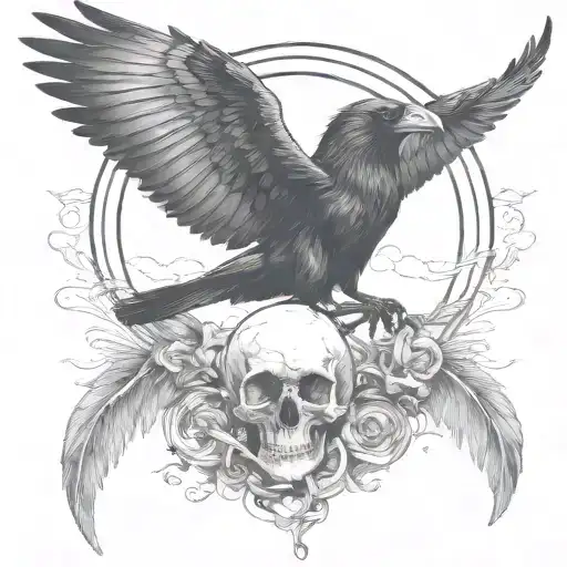 Raven Holding A Skull Flying Away Surrounded By Rolling Wind And Clouds