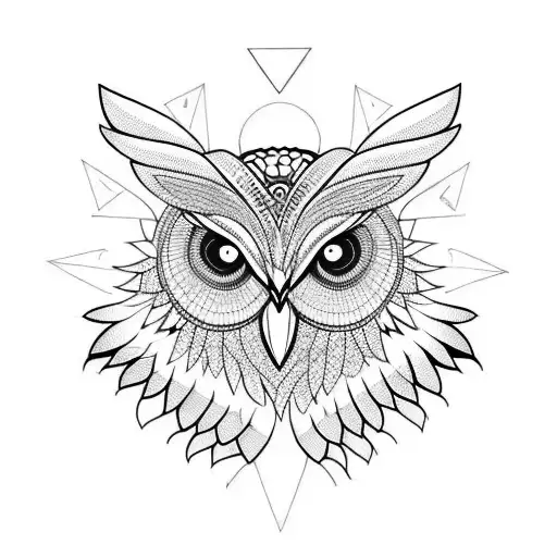 An Owl Head And Wings With Lots Of Geometrics Details Divided By A Vertical Line In The Middle