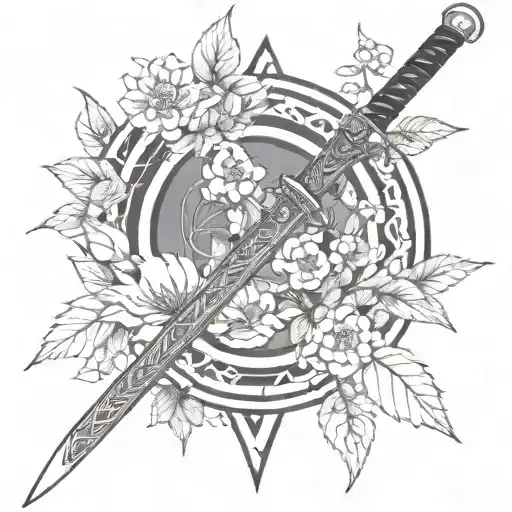 Katana With Cherry Leaves And Flowers
