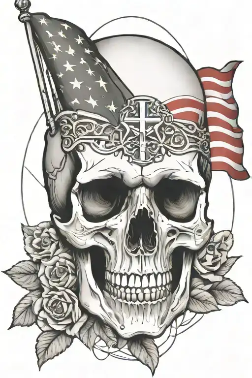 Catholic Momento Mori Incorporating The American Flag Behind Skull