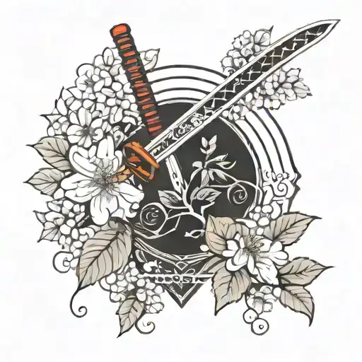 Katana With Cherry Leaves And Flowers