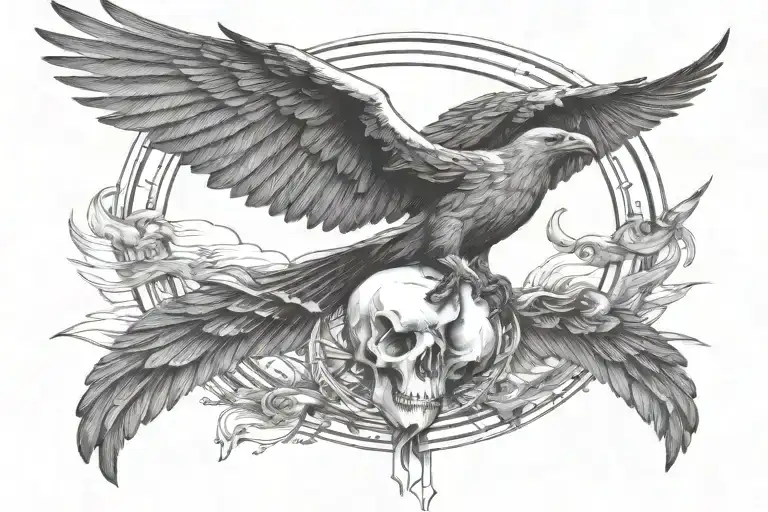 Raven Holding A Skull Flying Away Surrounded By Geometric Sun And Clouds