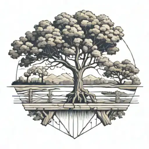 Oak Tree With Stream And Fence