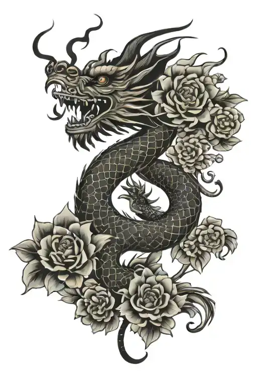 Chinese Dragon Tattoo With Flowers On The Whole Arm