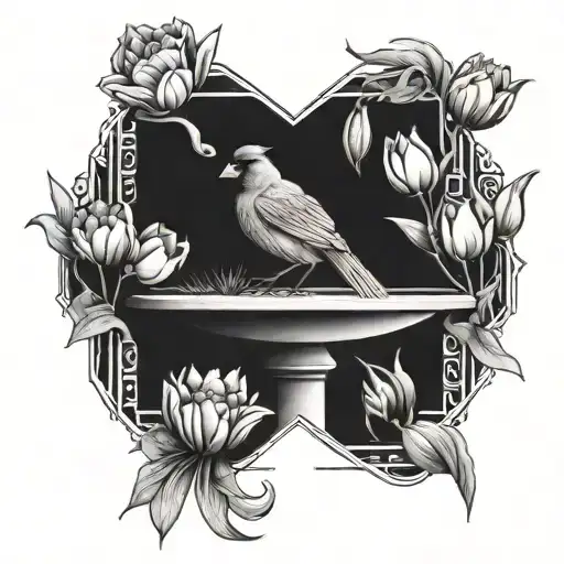 Cardinal On A Birdbath With Tulips