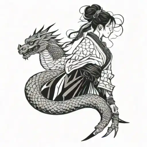 Beautiful Tattoo With A Samurai Girl And A Chinese Dragon On Her Arm