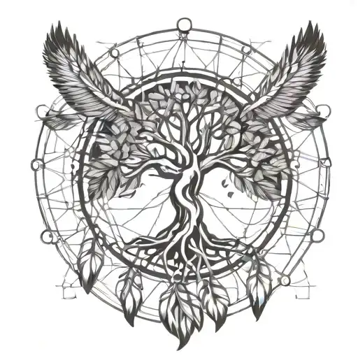 Tree Of Life In Dream Catcher With Three Feathers
