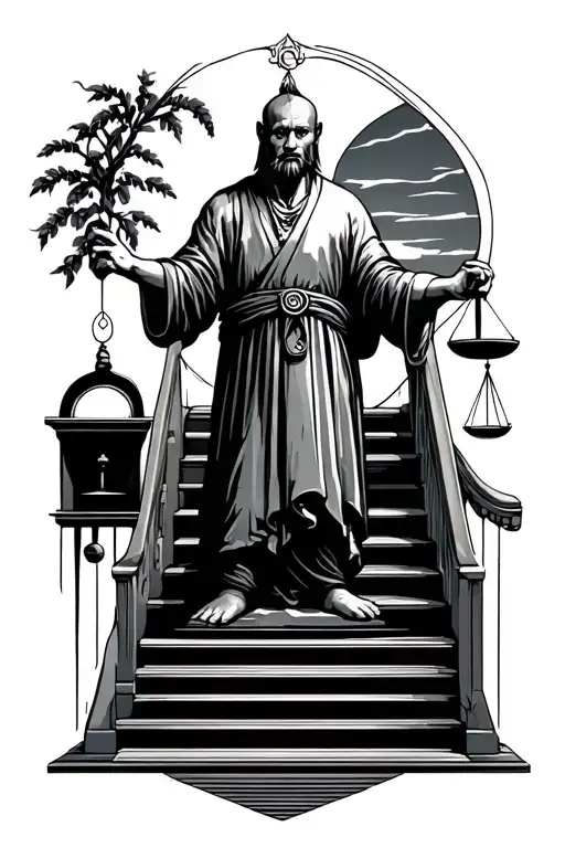 Sanding Clock Staircase Goes Up The Monk In His Hands Holds The Scales