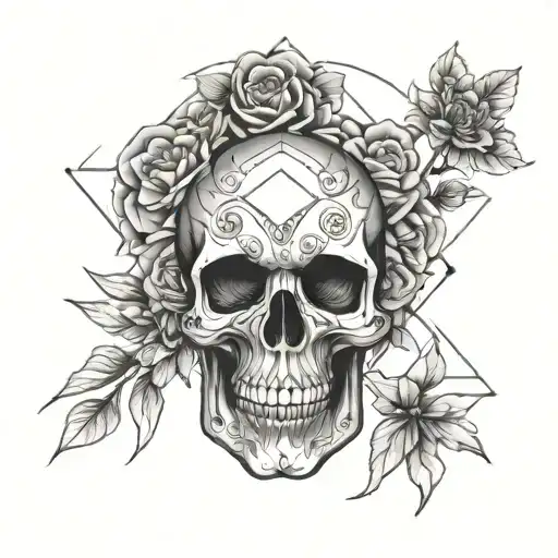 Skull In Black And White With Flowers