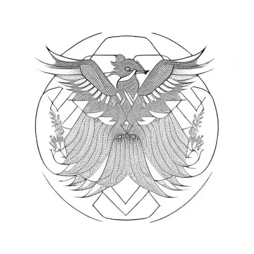 A Geometric Phoenix Surrounded By Flowers