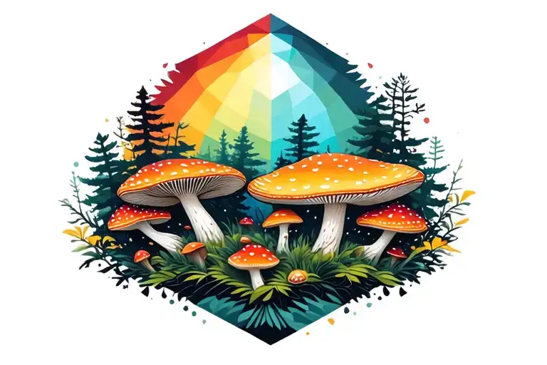 Geometric Forest And Amanita Mushrooms Geometric Mandala Rainbow Background Black Lines