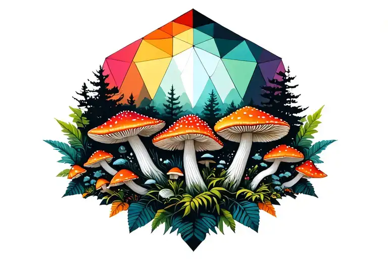 Geometric Forest And Amanita Mushrooms Geometric Mandala With Black And Rainbow Geometry Background