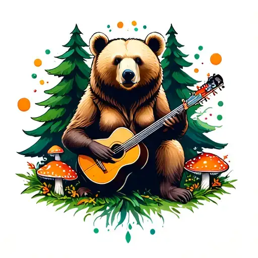 A Female Bear Surrounded By Green Trees And Amanita Mushrooms With Bluegrass Instruments