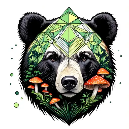 Geometric Female Bear With Amanita Mushrooms Growing And A Green Geometric Forest In Background