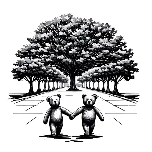 Two Teddy Bears Holding Hands Walking Down An Oak Tree Lined Street