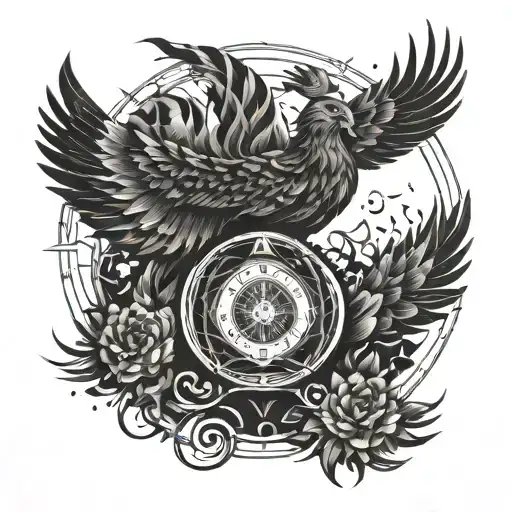 Phoenix Rising From Broken Hourglass Filled With Ashes