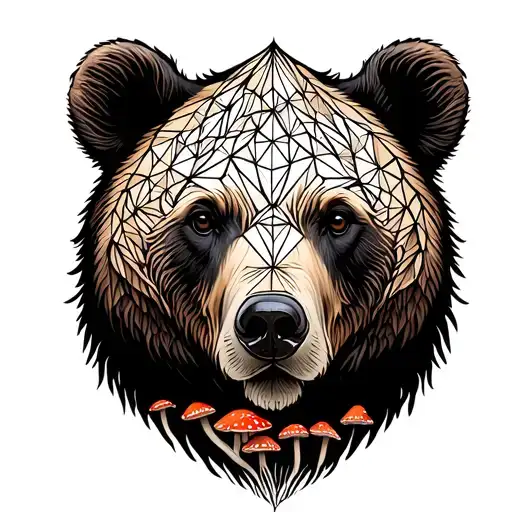 Geometric Forest Behind A Bear With Amanita Mushrooms As A Tessellation