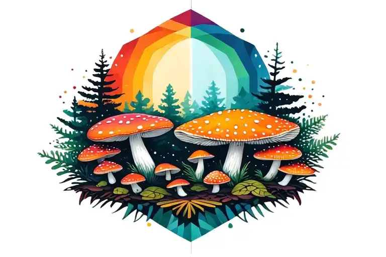 Geometric Forest And Amanita Mushrooms Geometric Mandala Rainbow Black Pattern Background