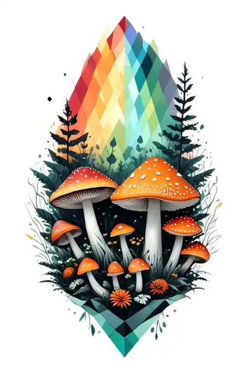 Geometric Forest And Amanita Mushrooms Geometric Mandala Rainbow Background Black Lines