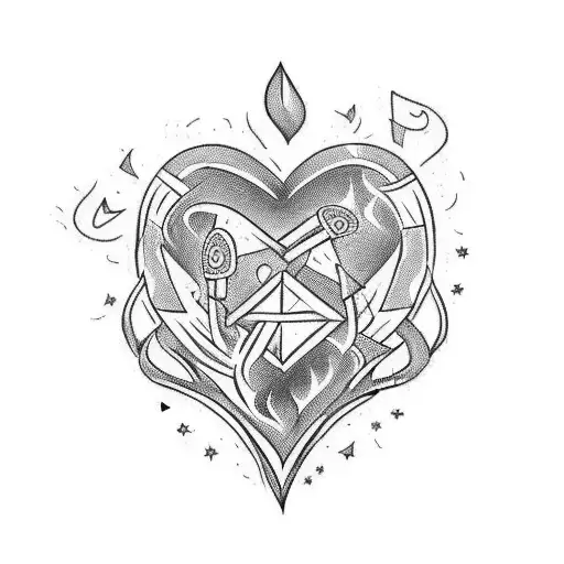 Shoulder Tattoo Of A Guitar Smashed Into A Heart Surrounded By Fire And Knives