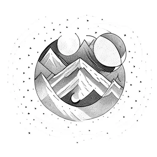 M Shaped Mountain C Shaped Moon Two Stars Above Mountain One Bigger Than The Other