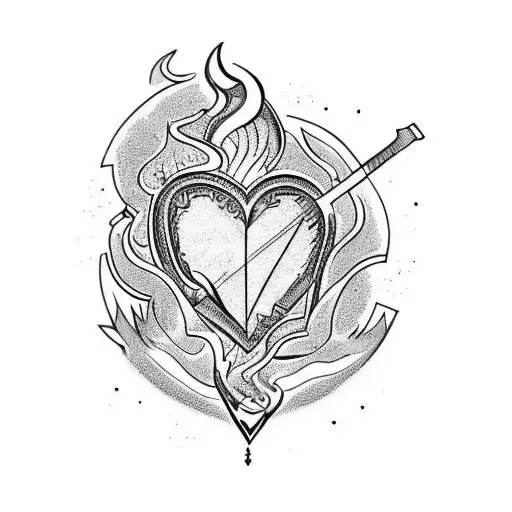 Shoulder Tattoo Of A Guitar Smashed Into A Heart Surrounded By Fire And Knives