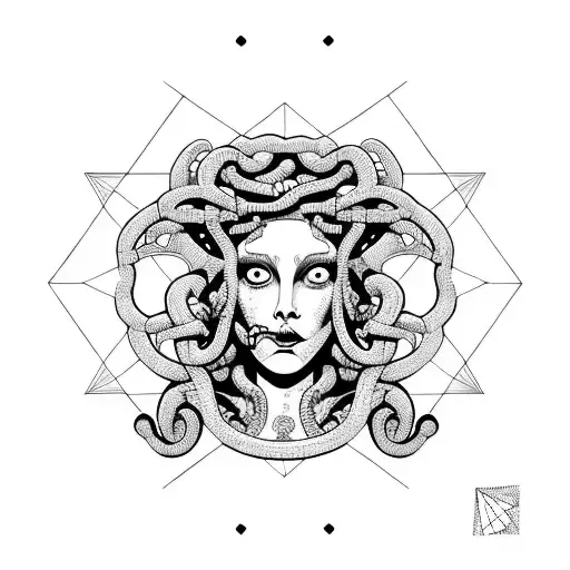Medusa With Geometric Shapes And Triangles Behind Her