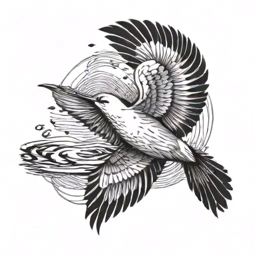 1 Small Fine Line Bird Flying Above Water - Realistic Fine Line Minimalist