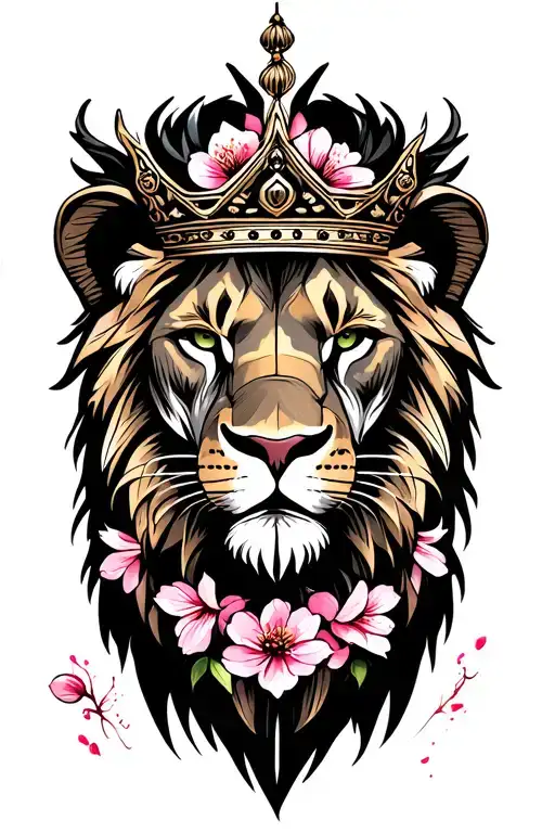 Crowned Lion Head With Cherry Blossom