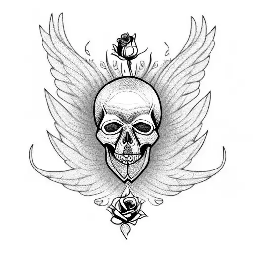 Skull With Roses And Wings In Ar Deco Style