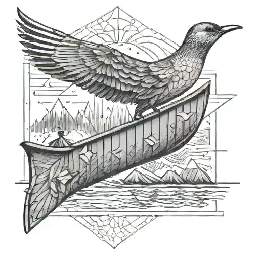 Small Realistic Fine Line Bird Flying Away On Top Of A Canoe