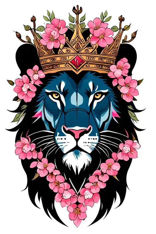 Crowned Lion Head With Cherry Blossom