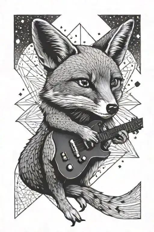A Dotwork Tattoo Of A Desert Fox Playing A Guitar Under A Starry Night Sky