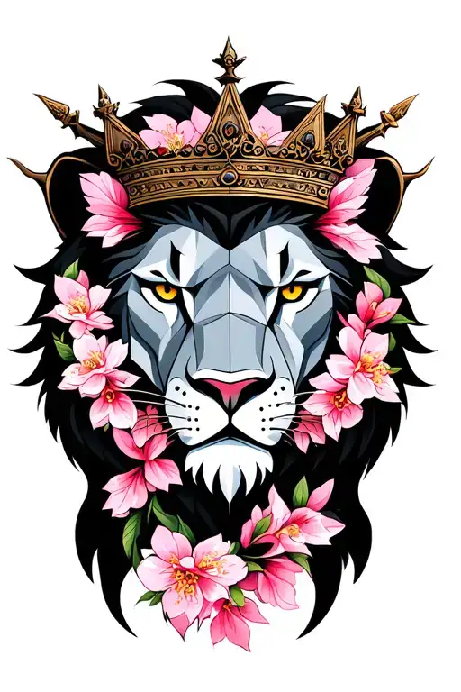 Crowned Lion Head With Cherry Blossom