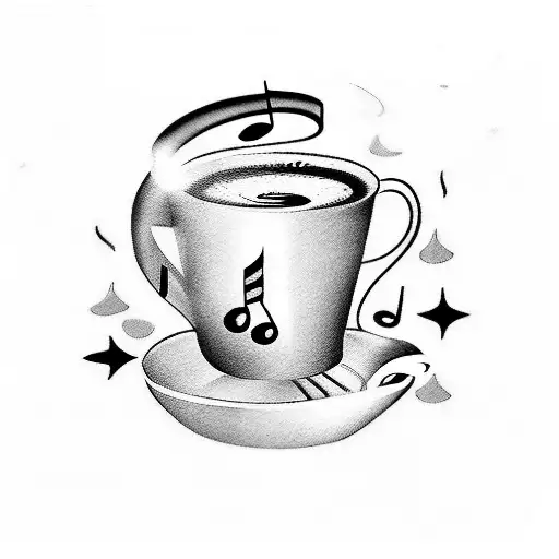 A Coffee Cup With Musical Notes And A Wolf Silhouette