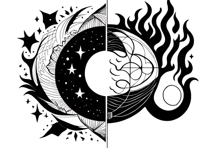 Tattoo Divided Into Two One Side Of The Moon And Stars On The Other Side The Sun And Fire