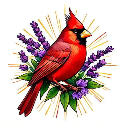 Lavender Flowers Sun Rays Red Cardinal