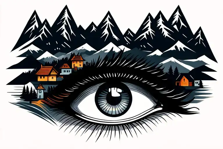 Girls Eye With Mountains And Traditional Houses In Background